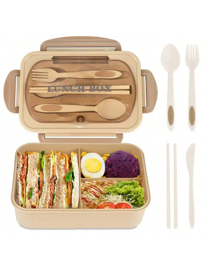 1Pc Bento Box Lunchbox für Erwachsene mit 4 Fächern, Utensilen, Saucenglas, Muffineinlagen, Mikrowellen- und Spülmaschinenfest, zurück zur Schule