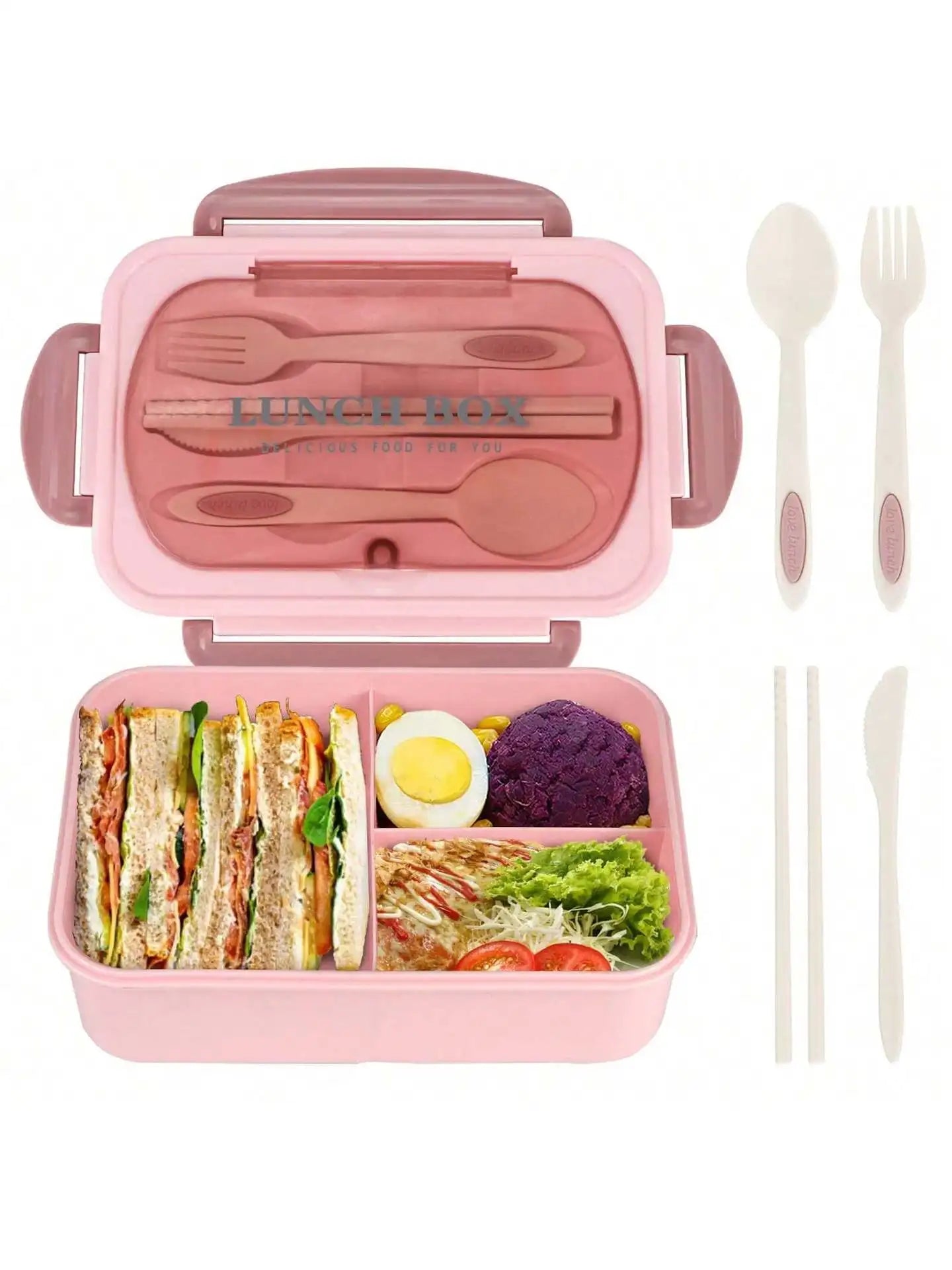 1Pc Bento Box Lunchbox für Erwachsene mit 4 Fächern, Utensilen, Saucenglas, Muffineinlagen, Mikrowellen- und Spülmaschinenfest, zurück zur Schule