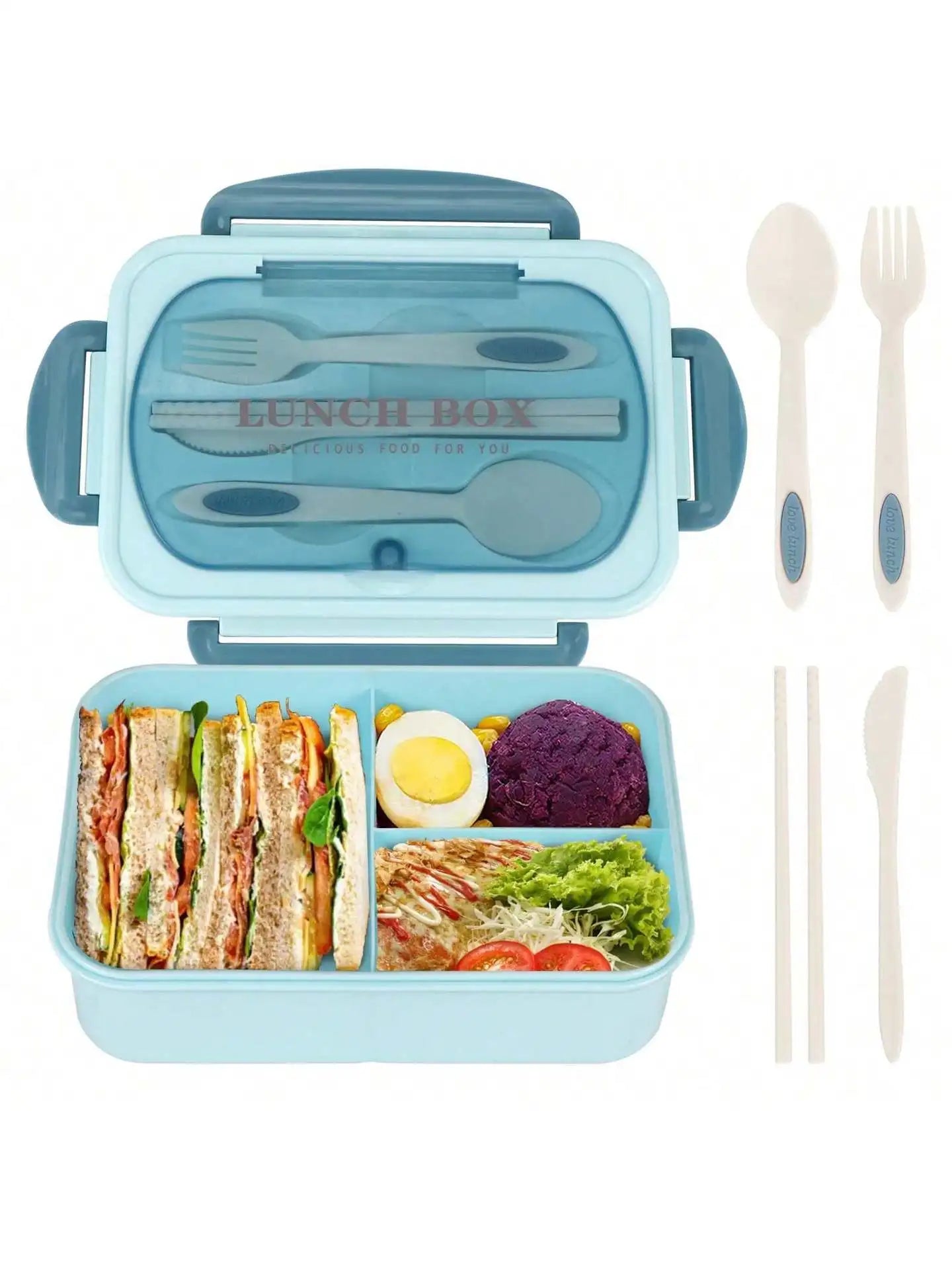 1Pc Bento Box Lunchbox für Erwachsene mit 4 Fächern, Utensilen, Saucenglas, Muffineinlagen, Mikrowellen- und Spülmaschinenfest, zurück zur Schule