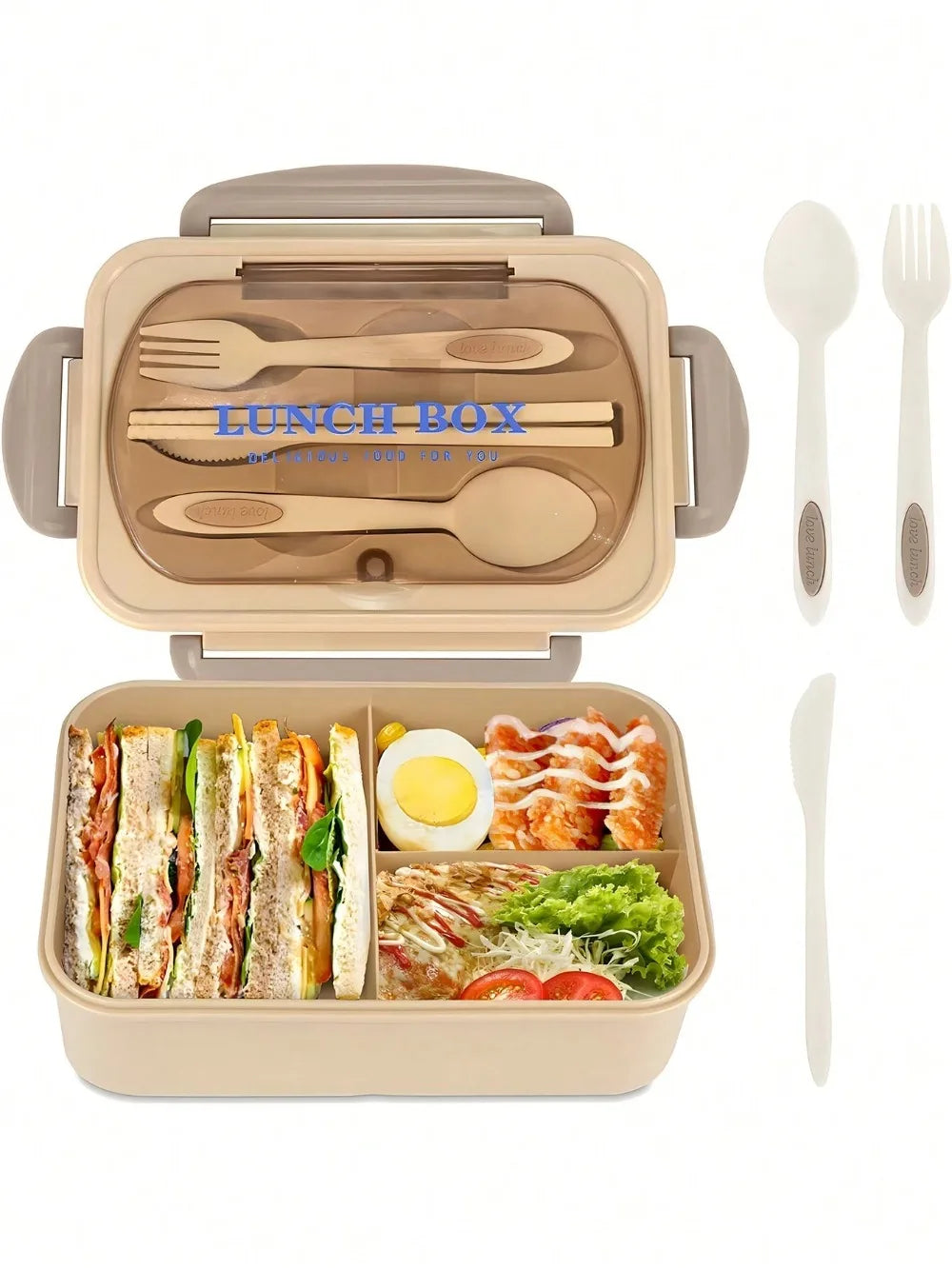 1Pc Bento Box Lunchbox für Erwachsene mit 4 Fächern, Utensilen, Saucenglas, Muffineinlagen, Mikrowellen- und Spülmaschinenfest, zurück zur Schule