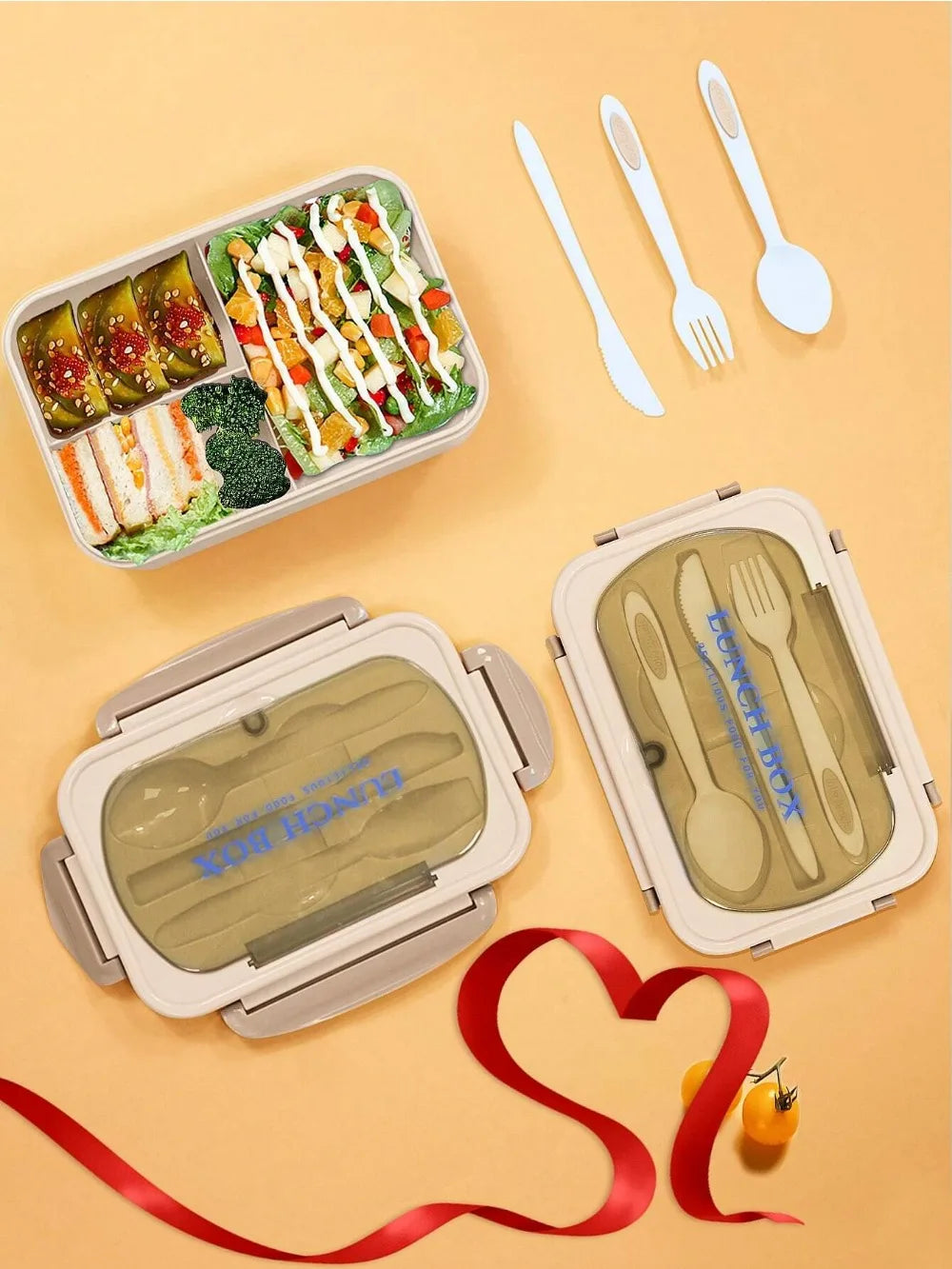 1Pc Bento Box Lunchbox für Erwachsene mit 4 Fächern, Utensilen, Saucenglas, Muffineinlagen, Mikrowellen- und Spülmaschinenfest, zurück zur Schule