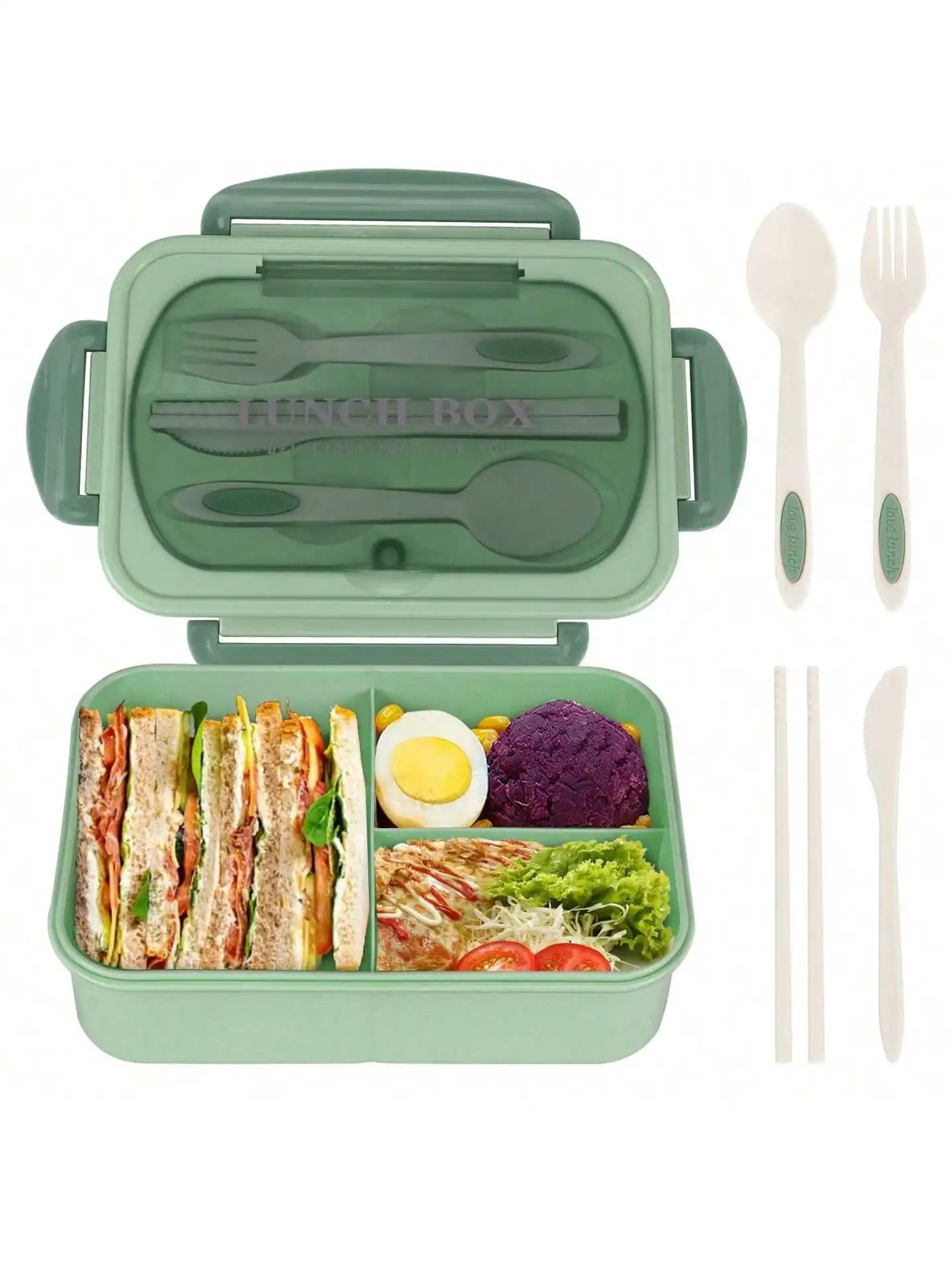 1Pc Bento Box Lunchbox für Erwachsene mit 4 Fächern, Utensilen, Saucenglas, Muffineinlagen, Mikrowellen- und Spülmaschinenfest, zurück zur Schule