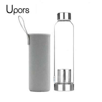 UPORS 550ML Hochtemperaturbeständige Glas-Sport-Wasserflasche mit Tee-Infuser + Schutzbeutel-Wasserflasche